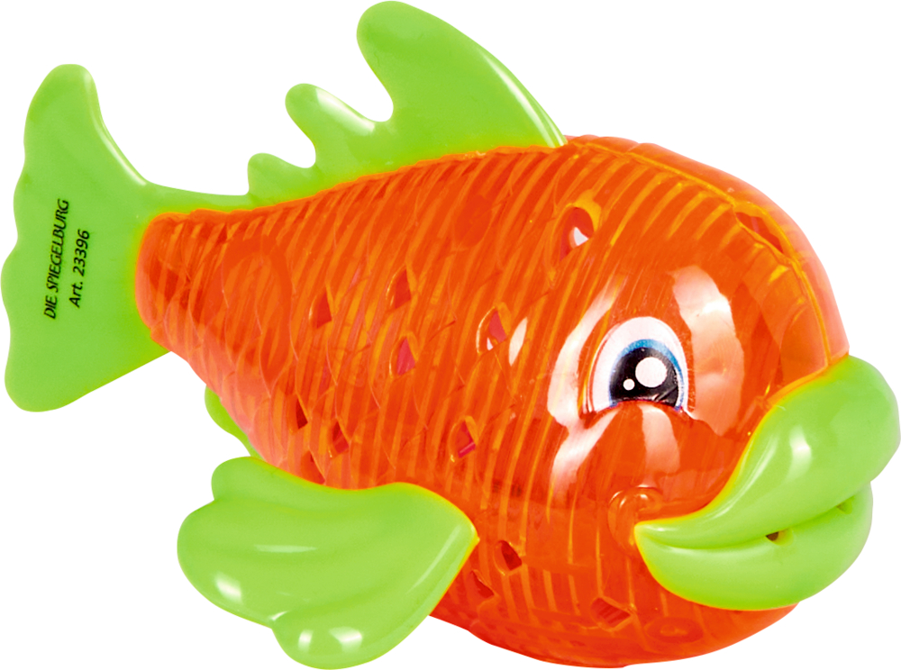 Orange und grünes Plastikfisch Spielzeug mit großem Auge und strukturierter Oberfläche, nach rechts zeigend.