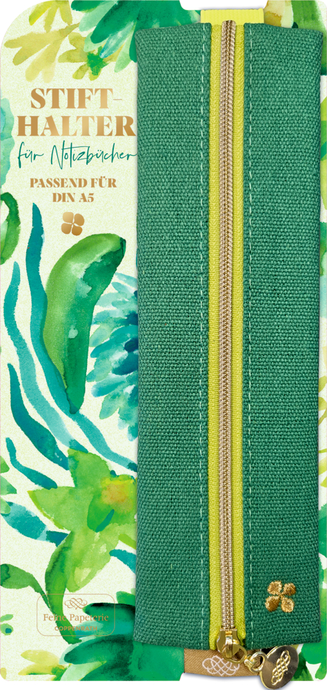 Grünes Stoff-Stiftemäppchen mit gelbem Reißverschluss liegt auf einer Karte mit Blumenmuster, beschriftet für A5 Notizbücher.