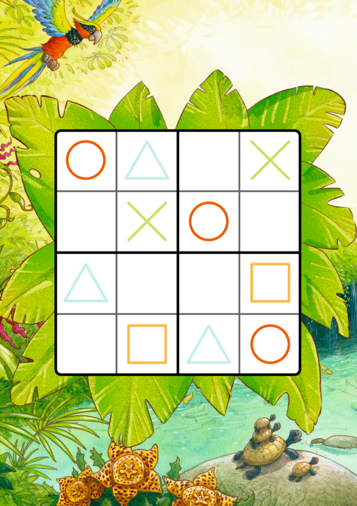 Sudoku mit Formen auf grünen Blättern, ein Papagei und Schildkröten in einer lebendigen Dschungelszene, auf einer Rätselseite.
