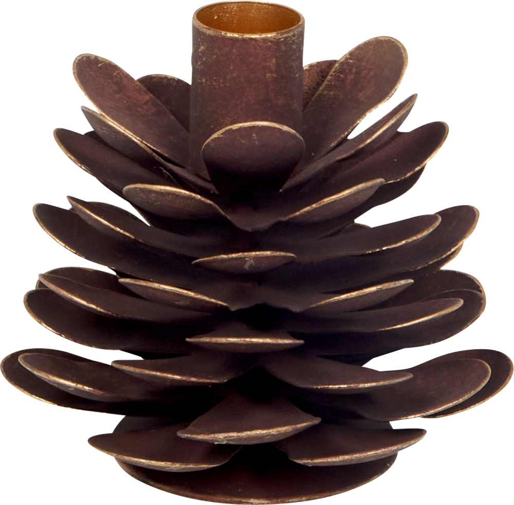 Brauner Kerzenhalter mit Goldakzenten aus Metall in Form eines Tannenzapfens mit einem zentralen zylindrischen Halter an der Spitze.