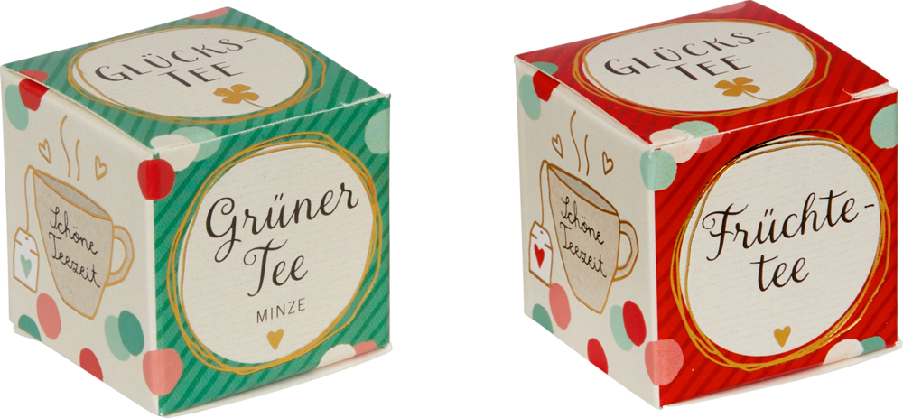 Glücks-Tee Viel Glück Zwei farbenfrohe Teeschachteln mit der Aufschrift „Grüner Tee“ und „Früchtetee“.