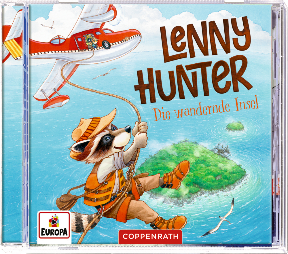 CD Hörspiel: Lenny Hunter - Die wandernde Insel CD-Cover: Waschbär-Forscher hängt aus einem Flugzeug über einer Insel. Titel: Lenny Hunter.