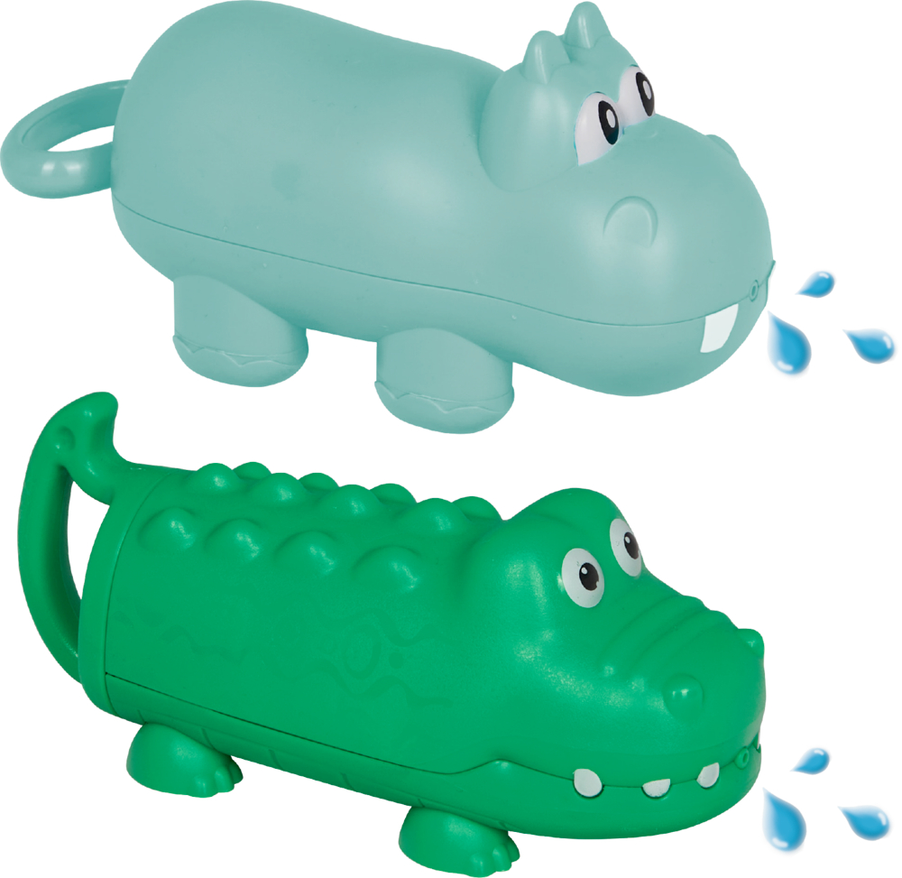 Spielzeug Flusspferd und Krokodil spritzen Wassertropfen aus dem Mund, Hintergrund ist weiß.