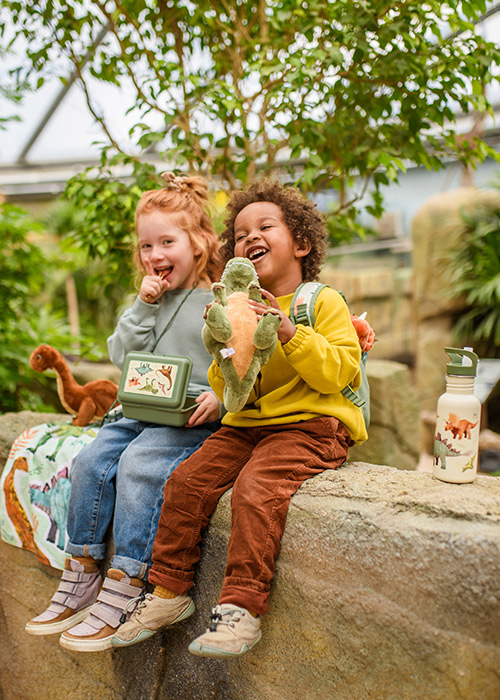 Ein strahlender Junge mit einem grünen plüsch T-Rex und ein lachendes Mädchen mit einer grünen Dino-Brotdose sitzen gemeinsam auf einer beigen Mauer. Neben Ihnen steht eine Dino-Flasche und und ein weiteres Dino Plüschtier