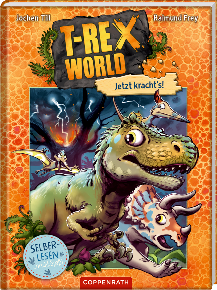 T-Rex World (Leseanfänger/Bd.3) - Jetzt kracht's! T-Rex und andere Dinosaurier in einer lebendigen, actionreichen Urzeit-Szene, Cover des Buches „T-Rex World“.
