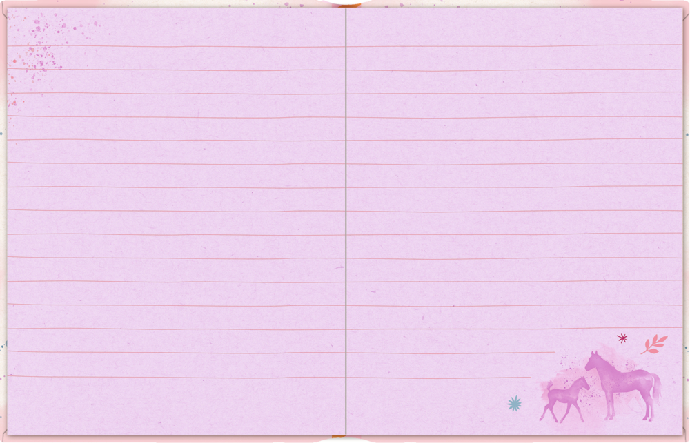 Geöffnetes Tagebuch mit rosafarbenen, linierten Seiten, kleinen lila Pferden und dekorativen Akzenten in der unteren rechten Ecke.