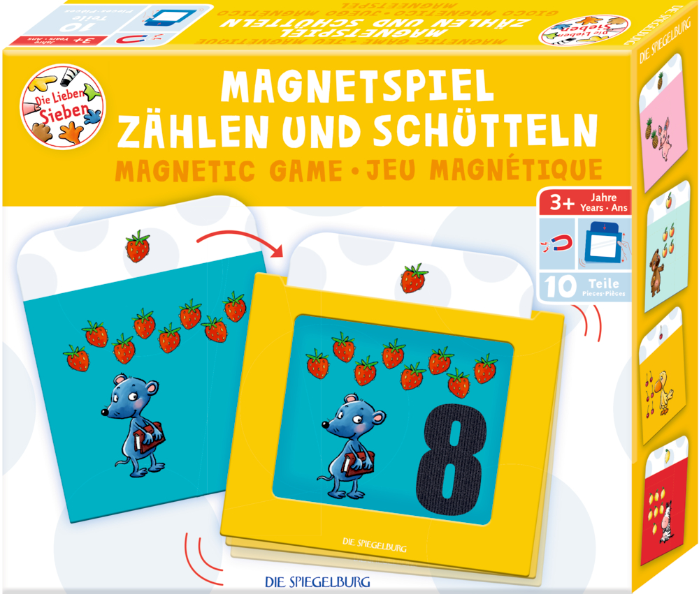 Magnetspiel Zählen & Schütteln - Die Lieben Sieben Bunte Pappbox mit rechteckigen Formen und Zahlen.
