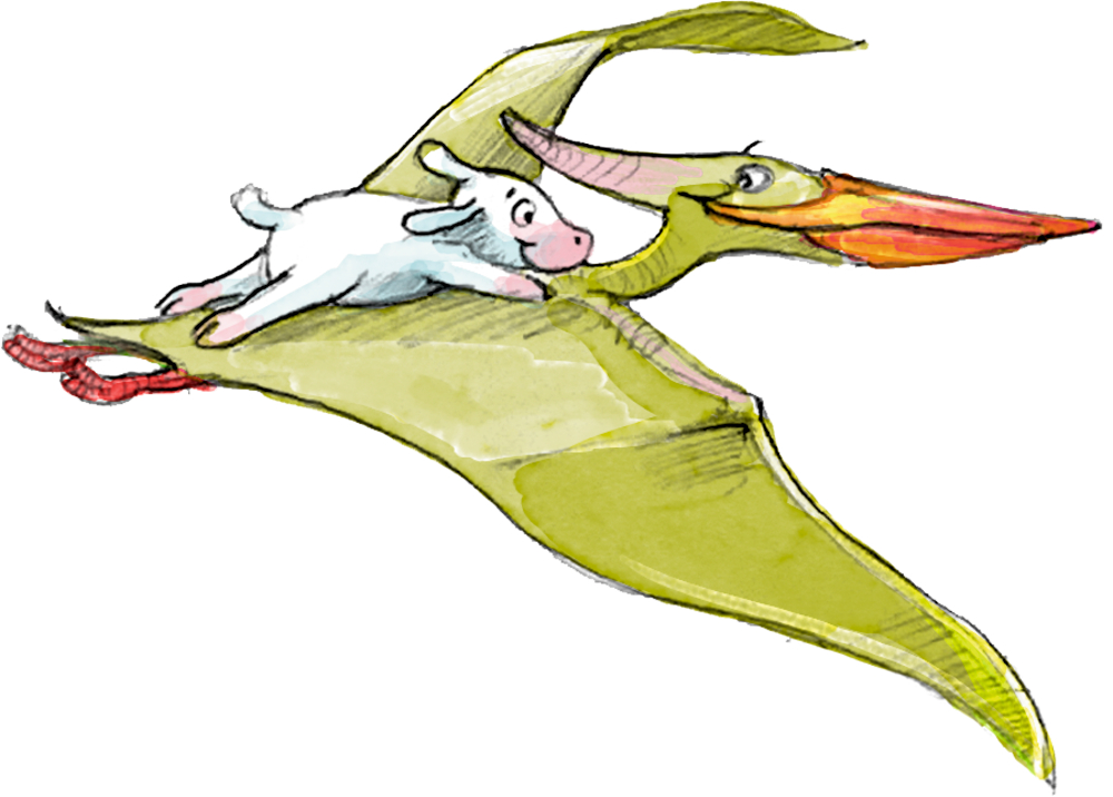Ein Pterodactylus fliegt, auf seinem Rücken reitet eine kleines Lämmchen.