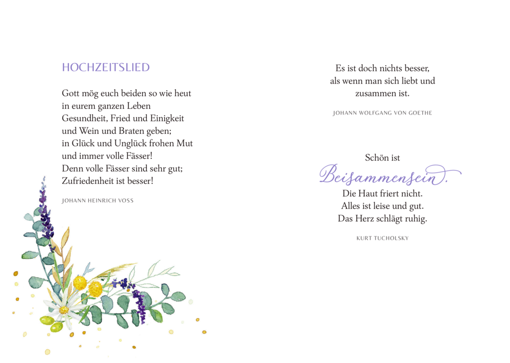 Hochzeitsgedicht mit Blumen-Aquarell unten links auf einer Weißen Doppelseite.
