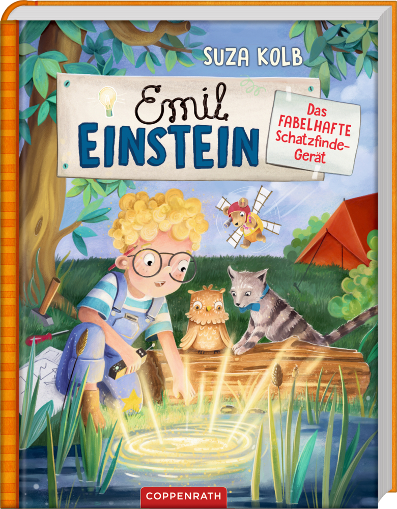 Emil Einstein (Bd. 3) - Das fabelhafte Schatzfinde-Gerät Junge mit Brille und Locken erkundet einen Teich mit Tieren; Buchcover für „Emil Einstein“.