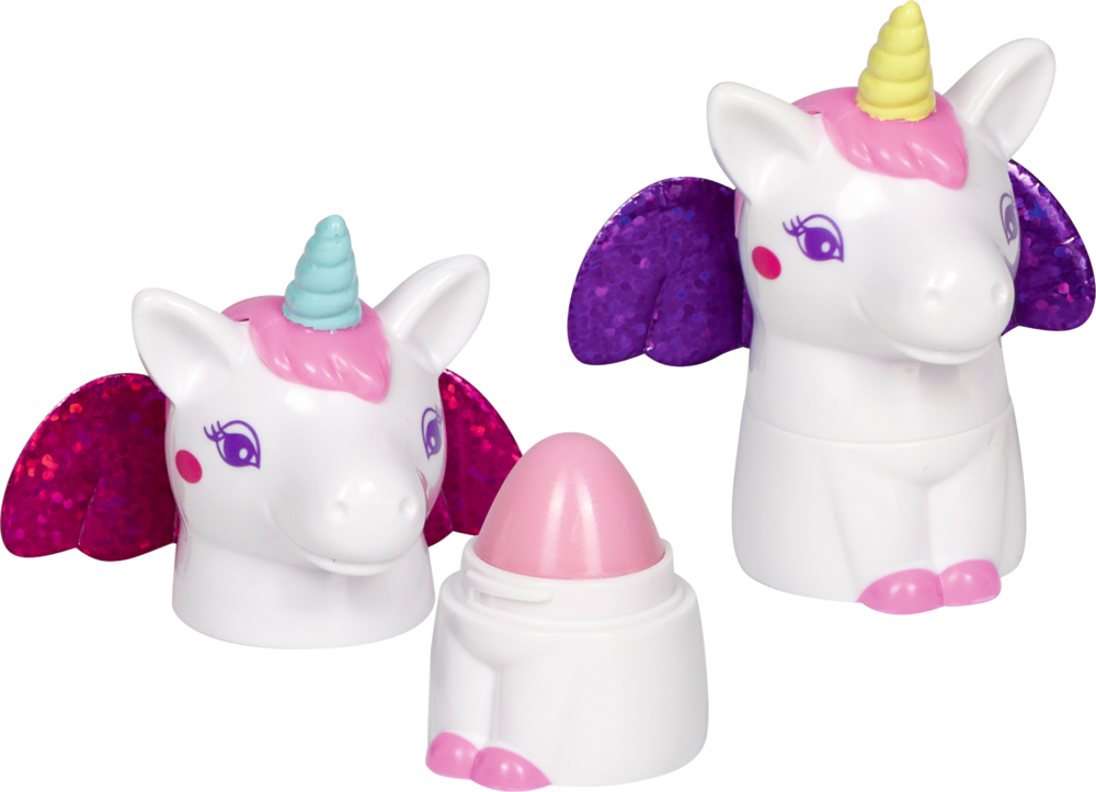Zwei Lippenbalsame in Einhornform mit bunten Hörnern, rosa Mähnen und lilafarbenen, glitzernden Flügeln.