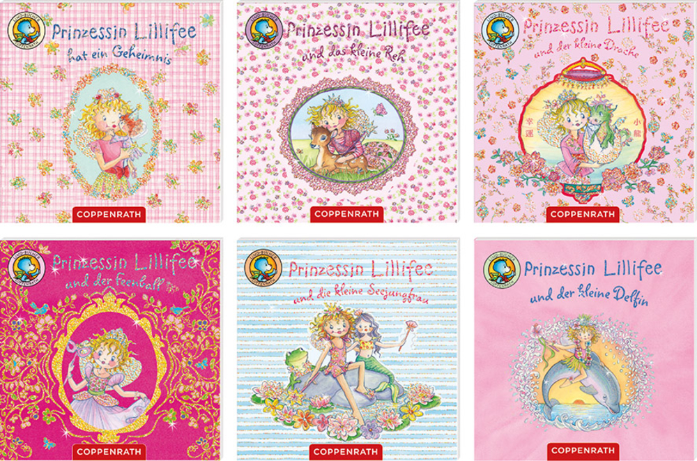 Sechs rosa- und pinkfarbene Buchcover mit Prinzessinnenillustrationen und Blumenmustern in leuchtenden Farben.