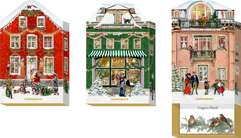 Mein kleines Weihnachtshaus, Schachtel-Adventskalender (Behr) Drei festliche Wintergebäude mit Menschen draußen, fallendem Schnee und Weihnachtsdekorationen.