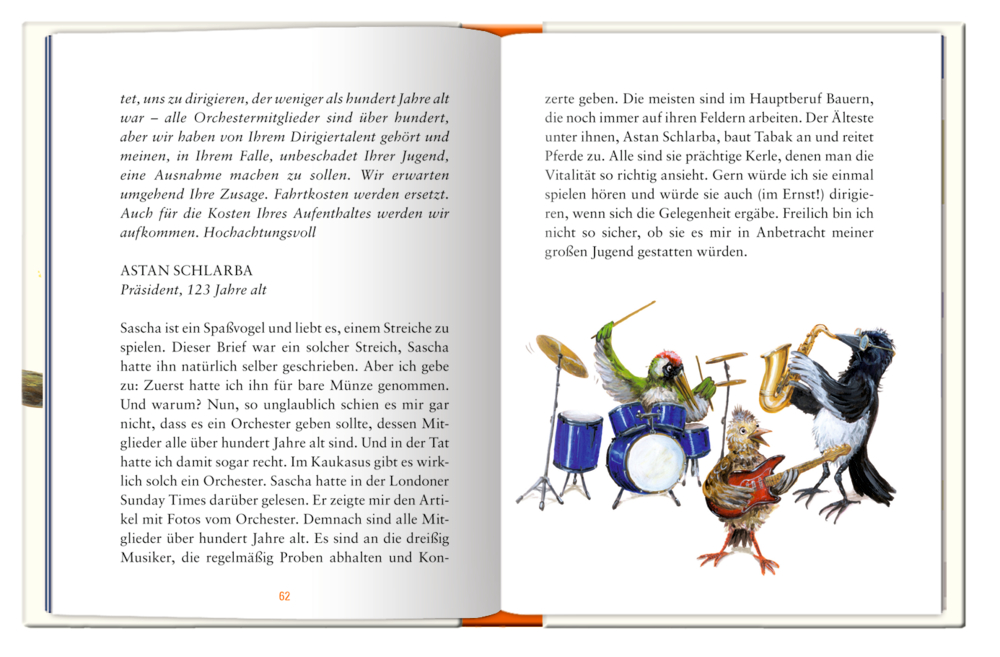 Buchinnenseite mit Text und drei Vögeln, die Schlagzeug, Gitarre und Saxophon spielen.