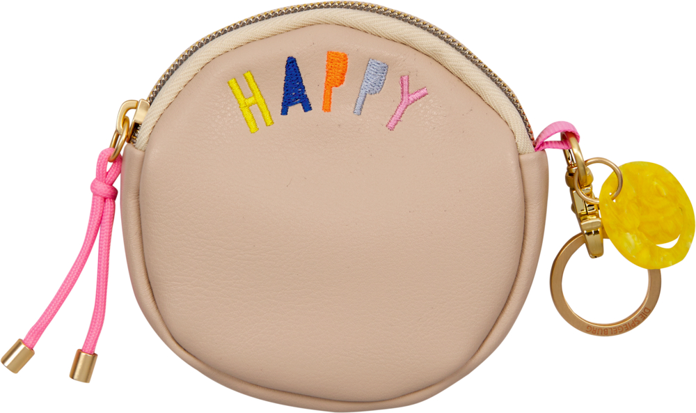 Rundes beiges Münz- und Schlüsseletui mit HAPPY in bunten Buchstaben und gelbem Schlüsselanhänger.