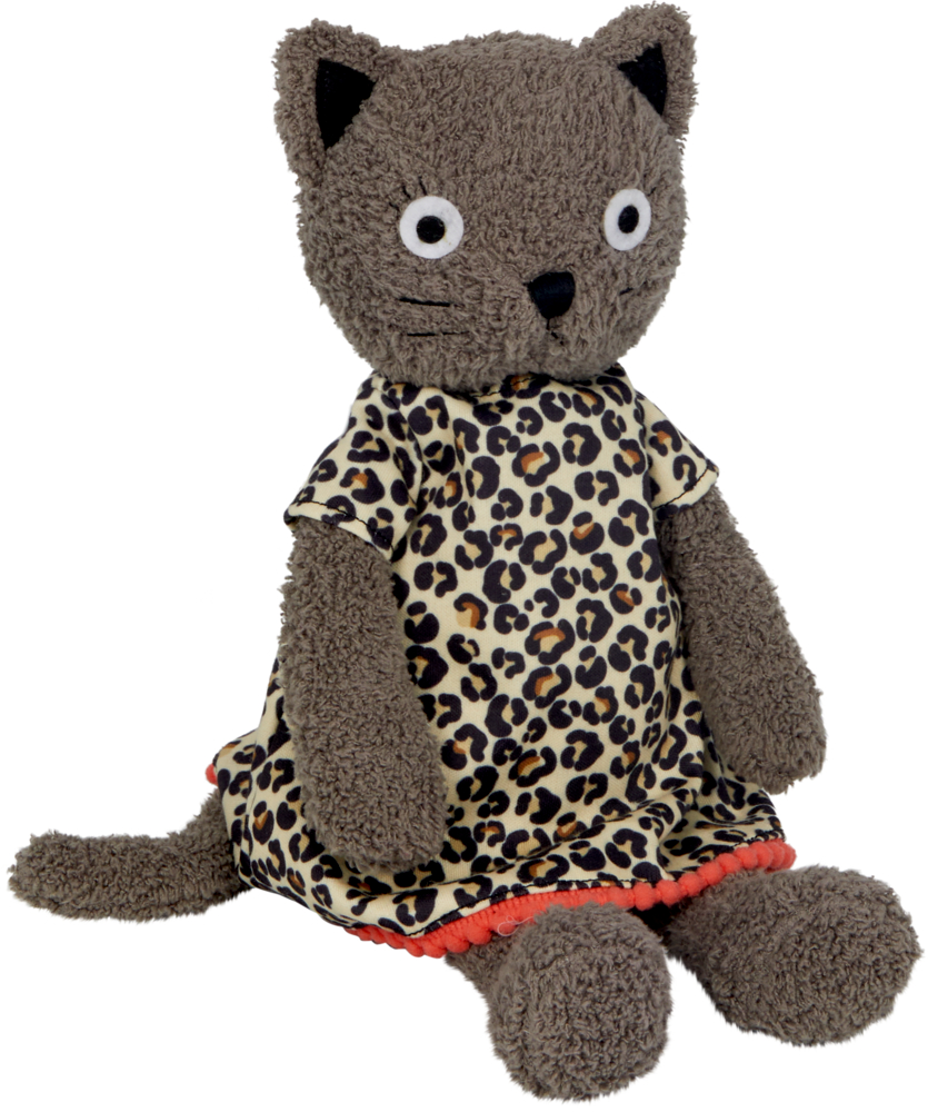 Plüsch-Katze im Leopardenkleid mit rotem Saum, aufrecht sitzend auf weißem Hintergrund.