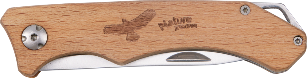 Klapp-Schnitzmesser Nature Zoom Klappmesser mit Holzgriff, eingraviert mit einem Vogel und „Naturzoom“.