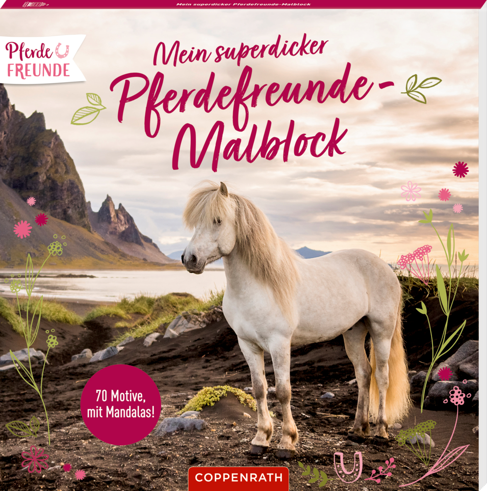 Mein superdicker Pferdefreunde-Malblock Weißes Ausmalpferd auf grasigem Ufer, dahinter Berge und Wasser.
