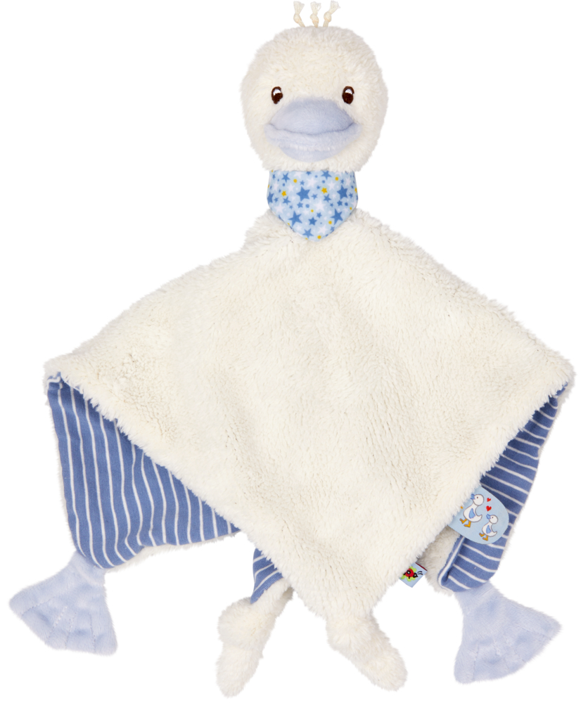 Schnuffeltuch Gans, hellblau - BabyGlück Plüsch-Babyschmusetuch in Entenform mit weißem Körper, blauem Schnabel und blau gestreiften Füßen und Ecken.