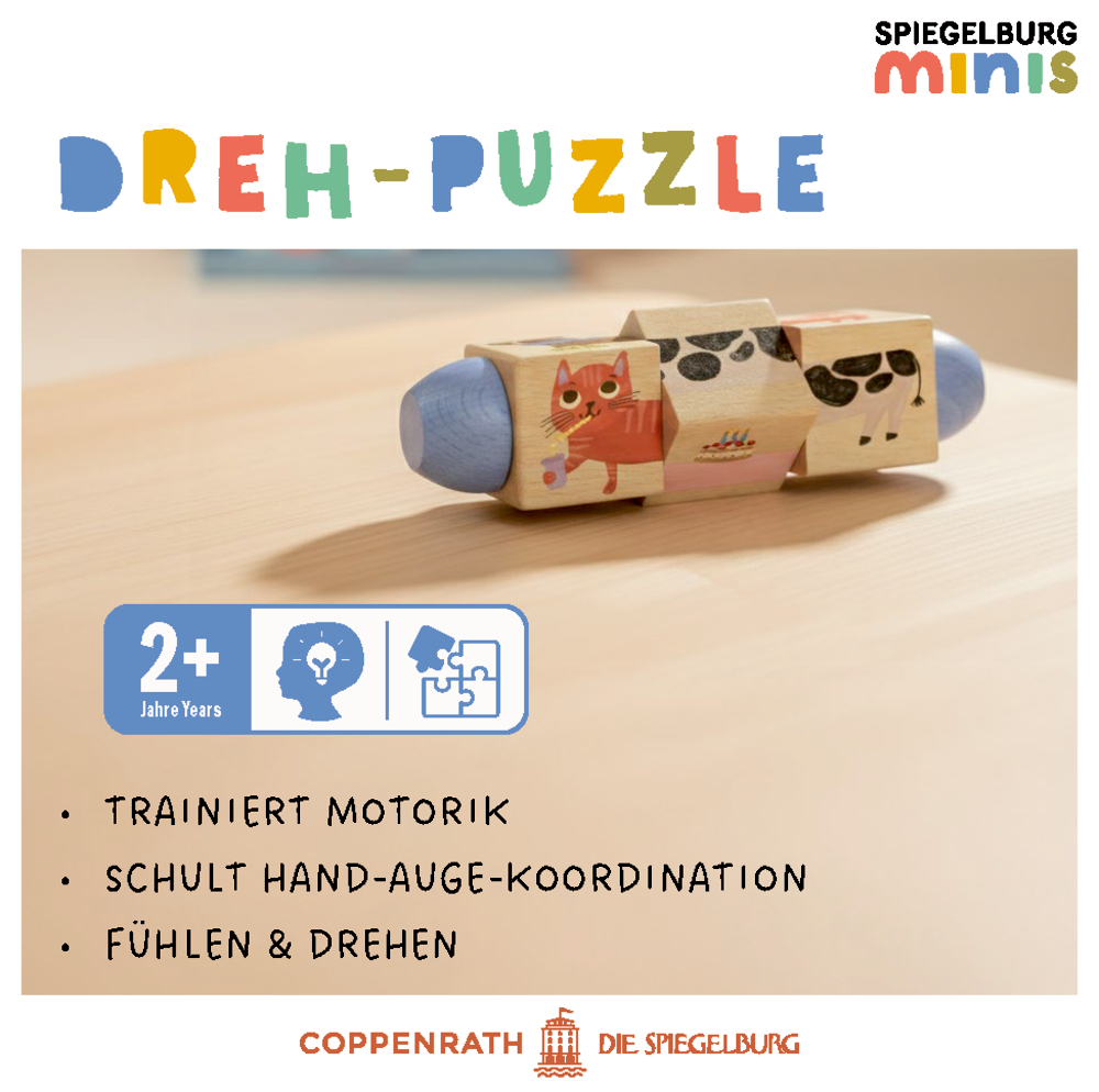 Holzpuzzle mit Tiergesichtern, Altersangabe 2+, Produktinformationen auf Tisch.