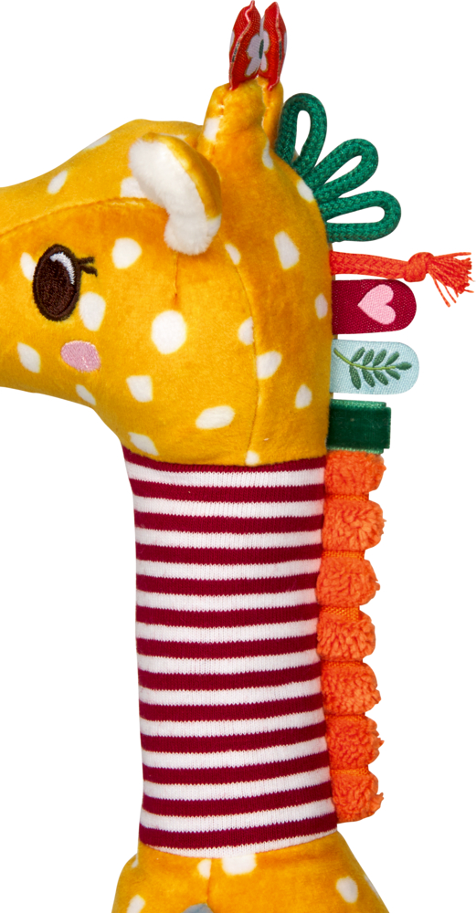Plüsch-Giraffenkopf mit Punkten, gestreiftem Hals, Bändern und orangener, strukturierter Mähne.