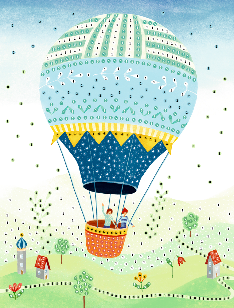 Zwei Kinder im Heißluftballon über einer Landschaft mit Häusern, Blumen und Bäumen.