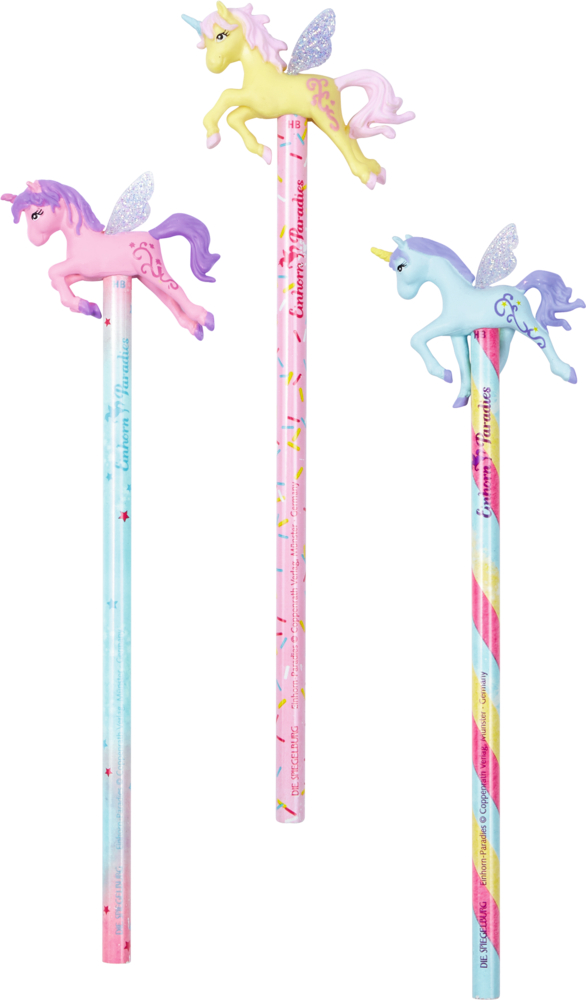 Bleistift mit Topper Einhorn-Paradies Drei gemusterte Bleistifte mit geflügelten Einhorn-Aufsätzen in Rosa, Gelb und Blau.