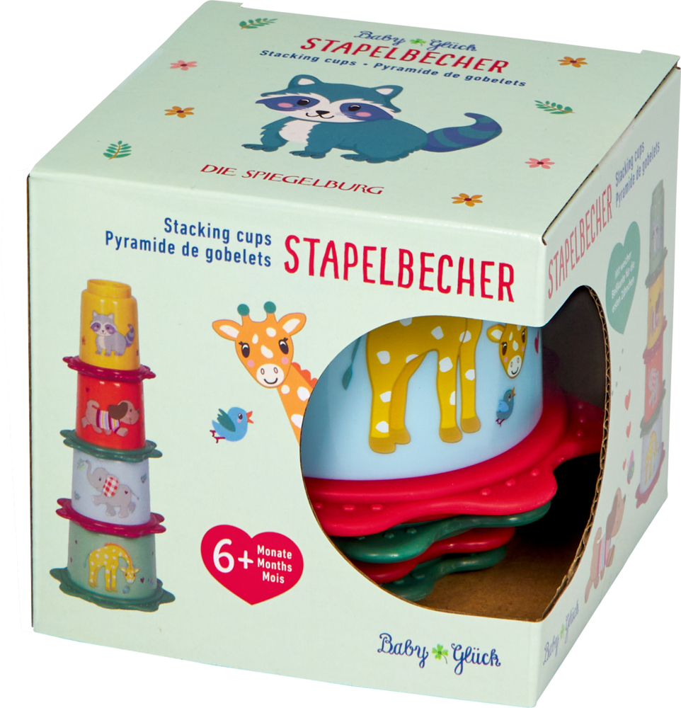 Schachtel mit Sichtfenster, in dem bunte Stapelbecher zu erkennen sind.