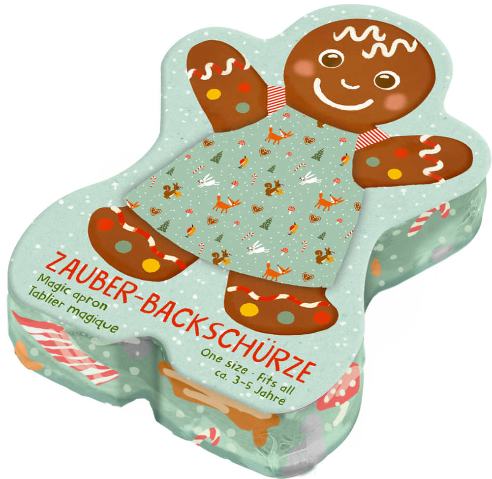 Lebkuchenförmiges, flaches Päckchen mit lächelndem Lebkuchen oben drauf. 