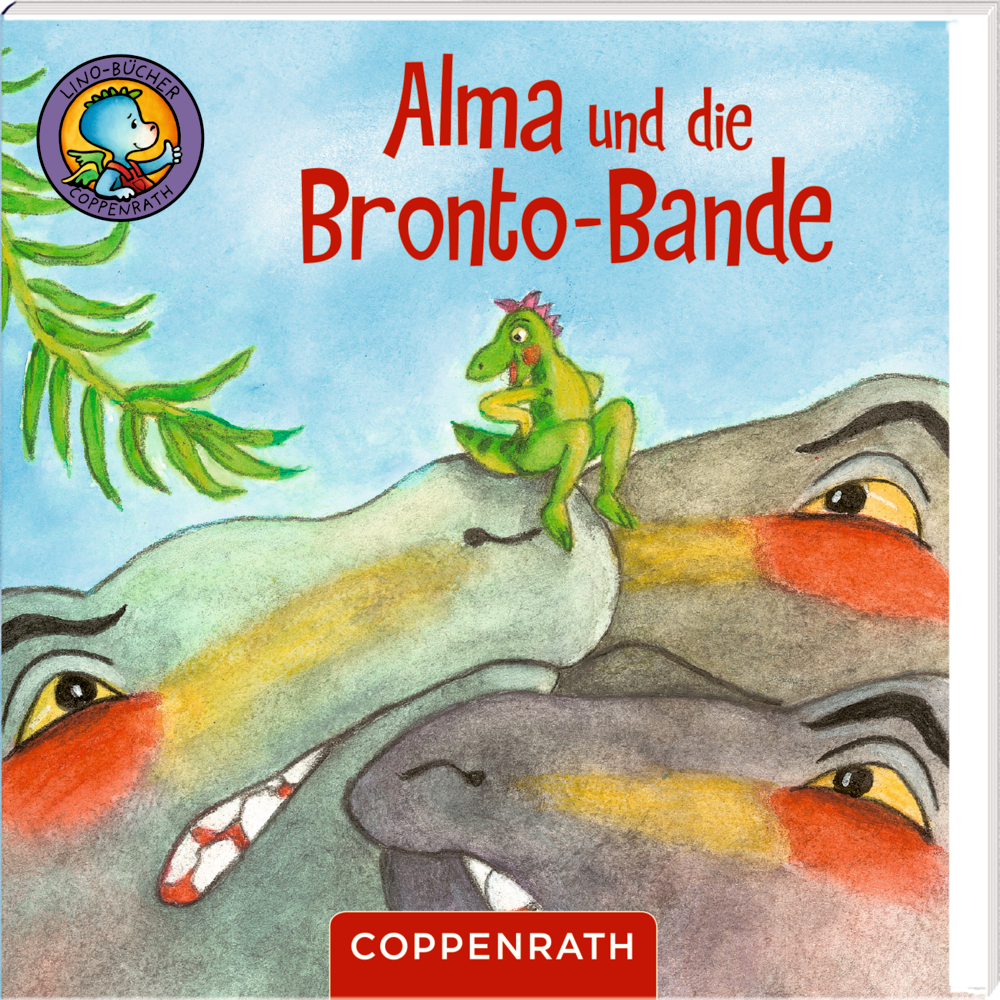 Linos Dinosaurier-Geschichten (6 Lino-Bücher) Ein überraschtes Kind im Bett und zwei Hunde, die unter der Decke hervorschauen, entdecken einen -T-Rex, auf dem Cover von "Fang den T-Rex!".
