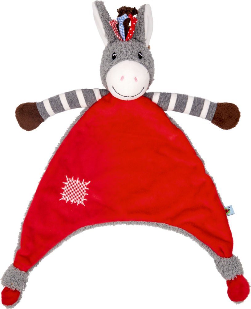 Schnuffeltuch Esel - BabyGlück Lächelnder Plüsch-Schmuse-Esel mit rotem Tuch-Körper und gestreiften Armen.