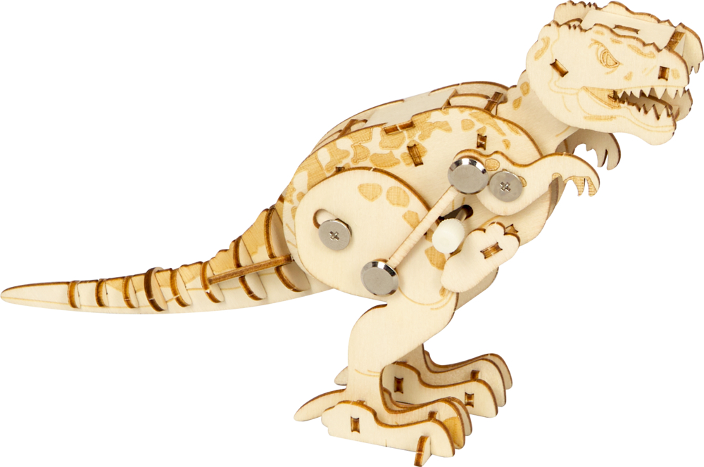 Holzdinosauriermodell mit sichtbaren Zahnrädern und Gelenken steht auf zwei Beinen und blickt nach rechts.
