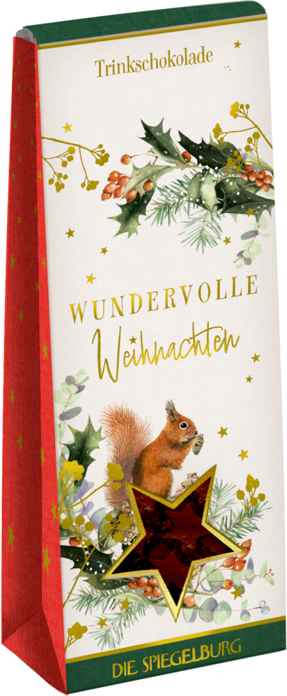 Festlich verpackte Trinkschokolade mit Eichhörnchen, Stechpalme, goldenen Sternen und „Wundervolle Weihnachten“.