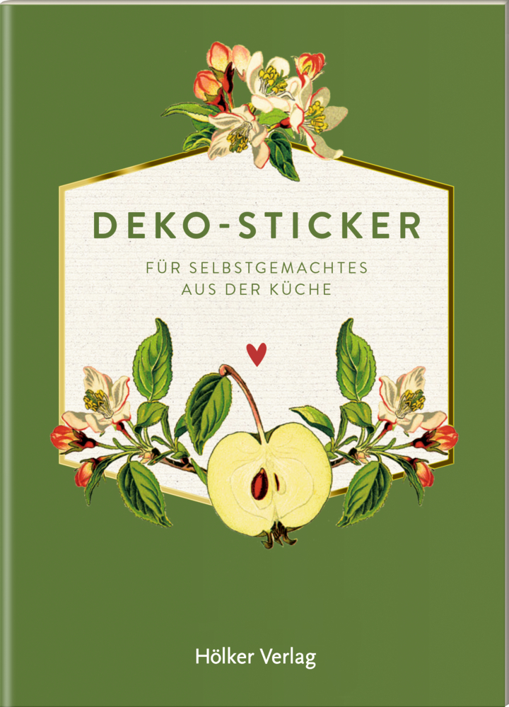 Deko-Sticker, Äpfel (Küchenpapeterie) Grüner Bucheinband mit Apfel- und Blumenkunst, betitelt „Deko-Sticker für Selbstgemachtes aus der Küche“.