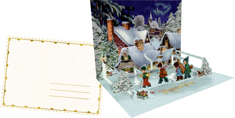 Aufklappbare Weihnachtskarte mit Schneedorf, Kindern mit Musikinstrumenten und leerem Briefkartenfeld mit goldener Umrandung.