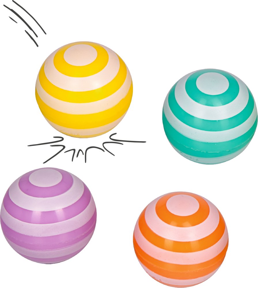 Vier gestreifte Bälle in Gelb, Grün, Lila und Orange, ein gelber Ball springt.