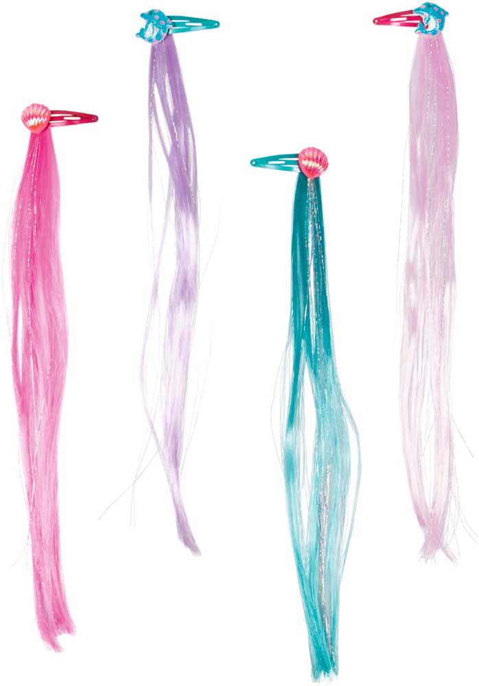 Vier bunte Haarspangen mit langen, glänzenden Kunsthaarsträhnen in Pink, Lila, Blau und Hellrosa.