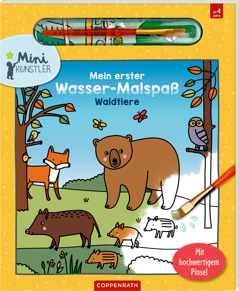 Mein 1. Wasser-Malspaß: Waldtiere (Mini-Künstler) Bilderbuchcover mit halb ausgemalter Tierszene und eingesetztem Pinsel oben.