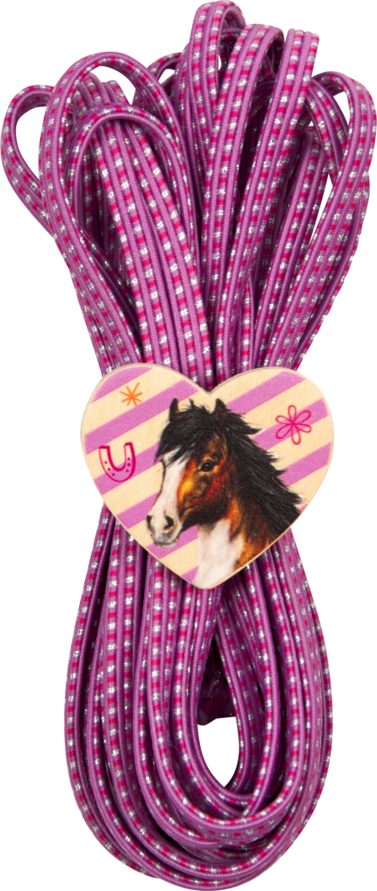 Rosa und lila glitzerndes Gummiband aufgewickelt und mit Pferdeverzierung.