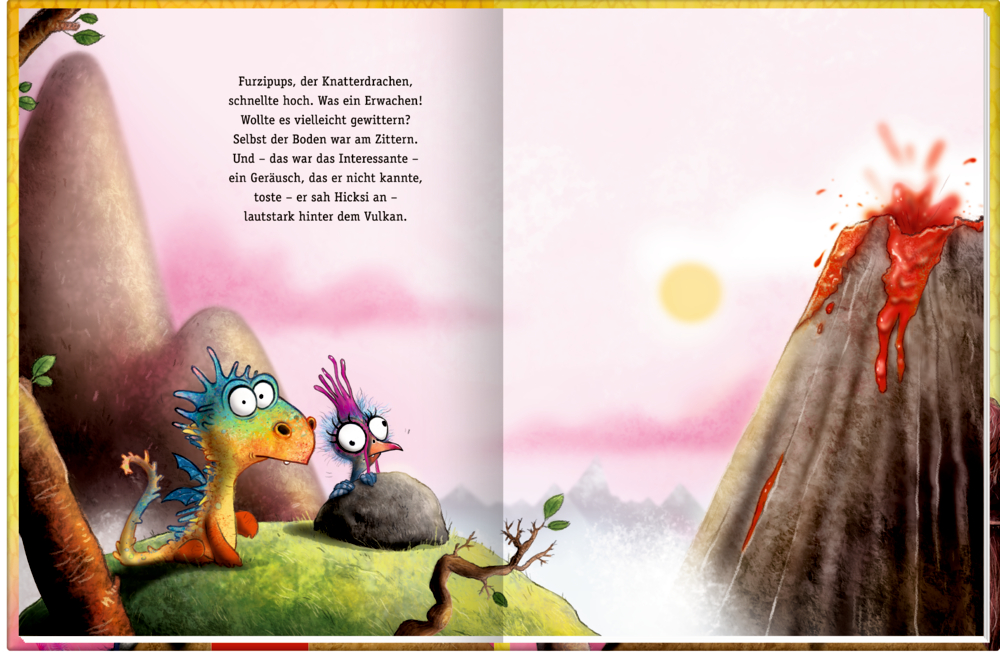 Doppelseite auf der ein Huhn und ein niedlicher Drache zusammen auf einem Hügel sitzen underschrocken einen Vulkanausbruch im Sonnenuntergang bemerken, über ihnen befindet sich deutscher Text.