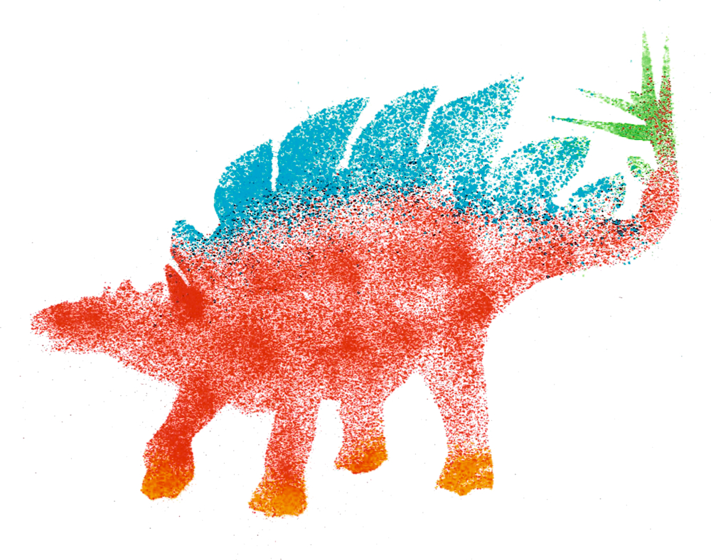 Buntes, mit Airbrush-Stiften und schablone erstelltes Dino-Bild.