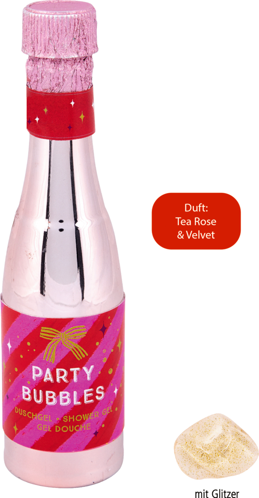 Rosa glänzende Duschgelflasche in Sektform mit pink-rotem Etikett „Party Bubbles“, Duftangabe „Tea Rose & Velvet“, daneben goldglänzendes Duschgel mit Glitzer.