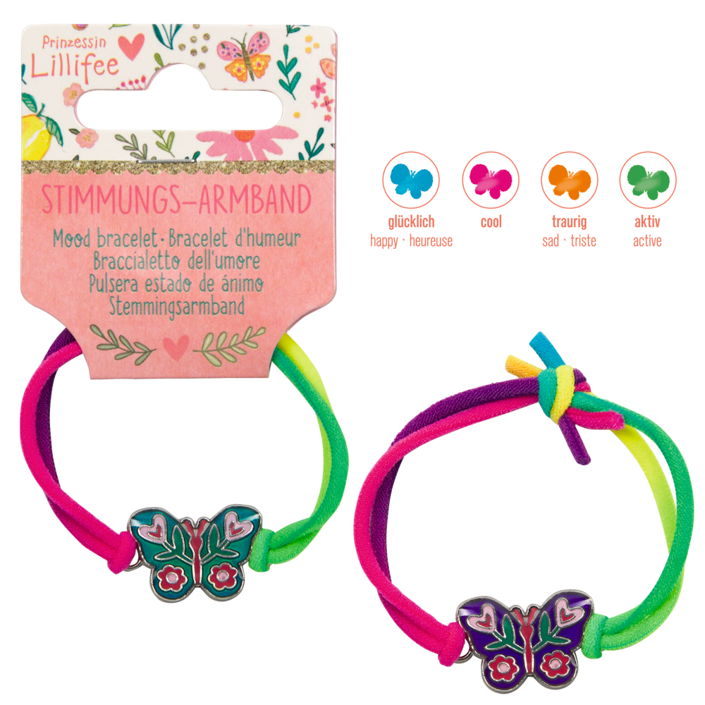 Mehrfarbiges Stimmungsarmband mit Schmetterlingsanhänger, daneben Verpackung mit Farbzuordnung der Stimmungen.