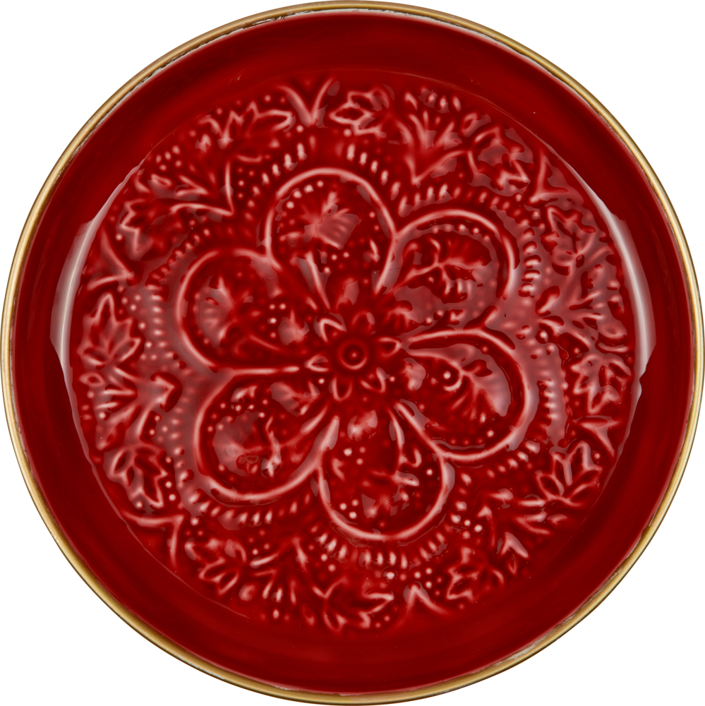Dunkelroter Metallteller mit geprägtem Blumen- und Blattmuster, von oben betrachtet.