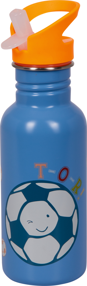 Edelstahlflasche Fußball - Kleine Freunde (ca. 0,5 l) Blaue Wasserflasche mit orangefarbenem Deckel, zwinkerndem Fußball und buntem „TOR!“-Text.