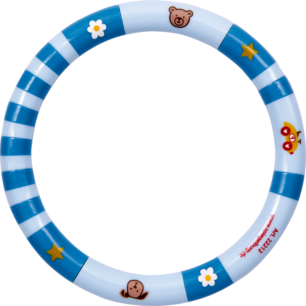 Ringrassel - BabyGlück, hellblau Blau-weiß gestreifter Ring, verziert mit kleinen Motiven.
