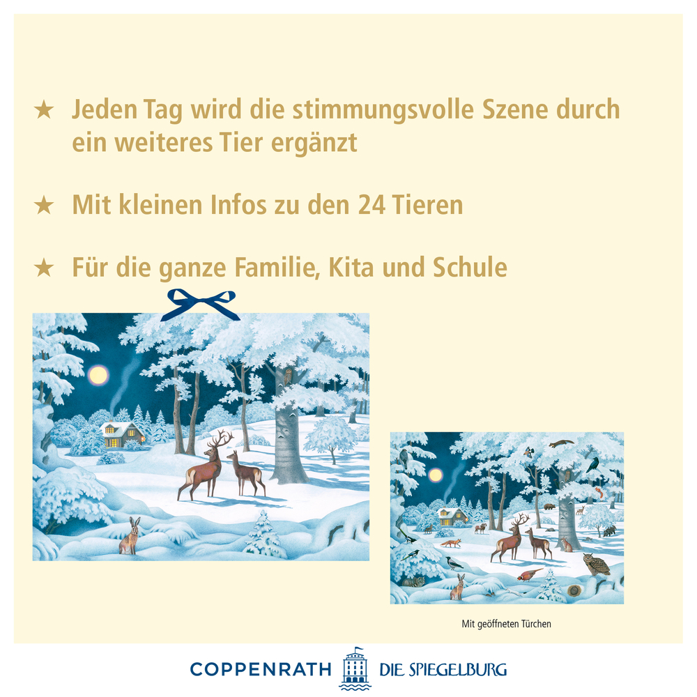 Winterwald mit Tieren im Schnee, daneben Text für einen Adventskalender für Kinder und Familien.