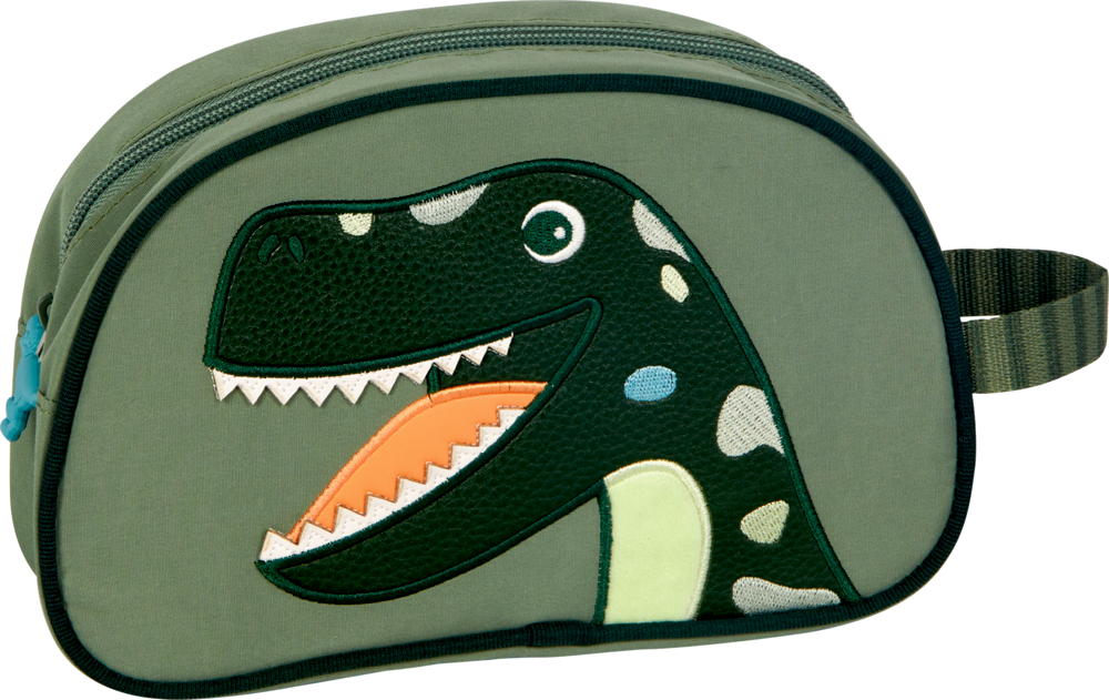 Kulturtasche - Dino Friends Grüner Kultureutel mit Reißverschluss, der ein lächelndes Dinosauriergesicht mit orangefarbenem Mund und weißen Zähnen zeigt.