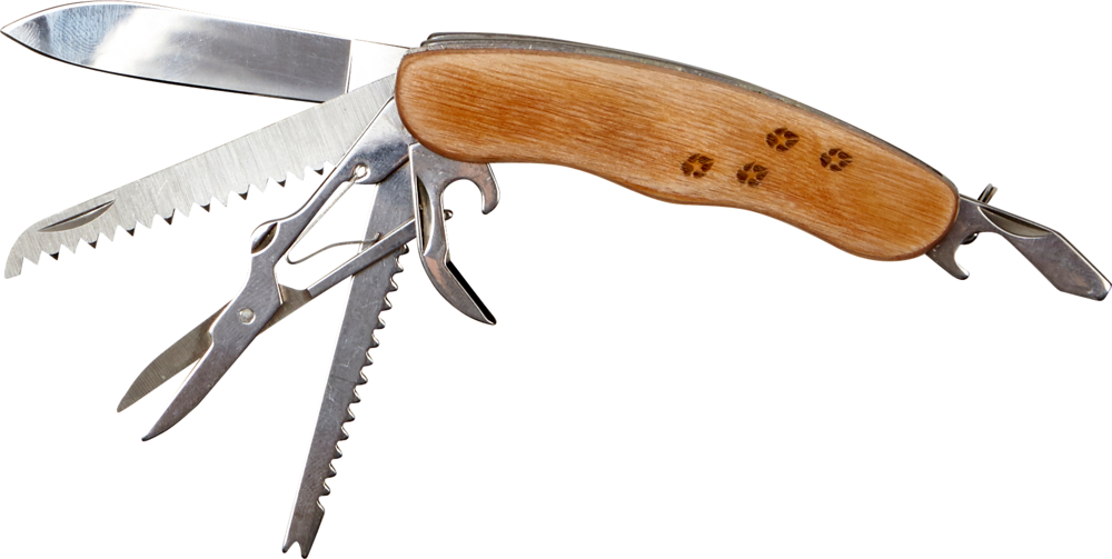 Outdoor Taschenmesser - Nature Zoom Ein Multifunktionswerkzeug mit Holzgriff, ausgeklappten Klingen und Werkzeugen, darunter eine Schere und eine Säge.