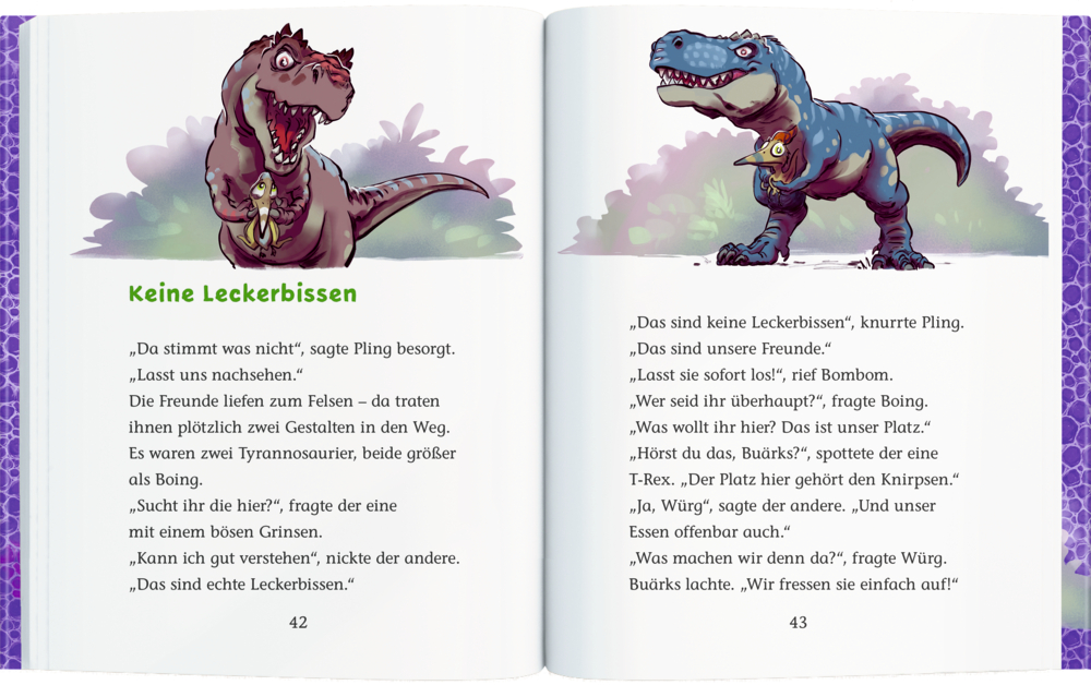 Zwei illustrierte Dinosaurier brüllen auf dem Gras über dem Geschichtentext der Doppelseite.